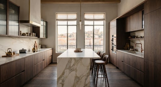 Cuisine équipée sur mesure réalisée à Lyon, marbre et noyer